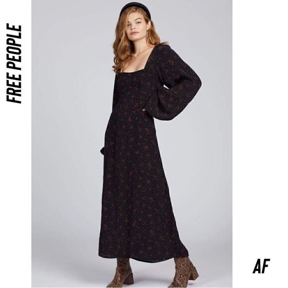 FREE PEOPLE IRIS PRINTED MIDI NEW BLACK COMBO SIZE SMALL - Picture 4 of 8